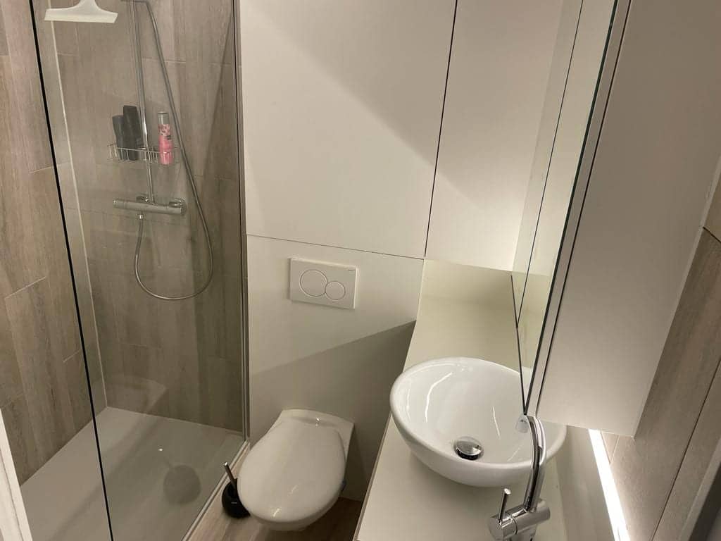 Inloopdouche naast toilet en wastafel